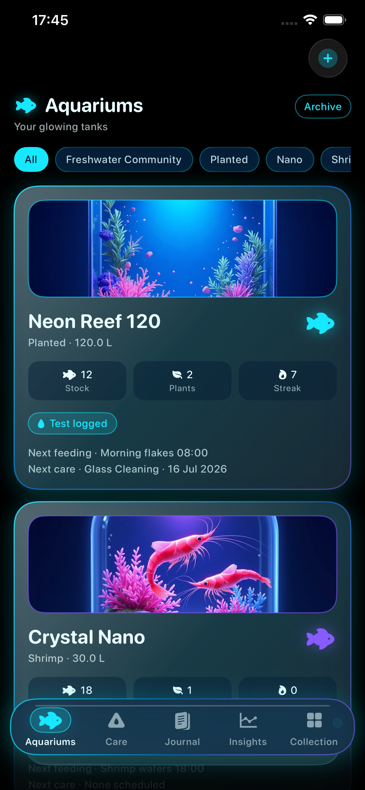 Neon Aquarium aquariums tab screenshot